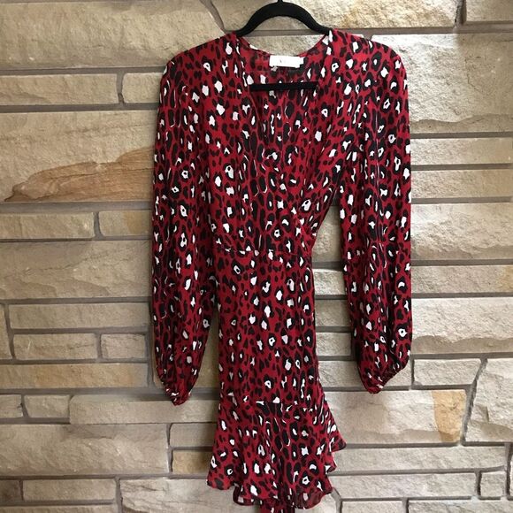 A.L.C. Red & Black Leopard Print Silk Mini Wrap Dress Size 4 - Picture 4 of 14